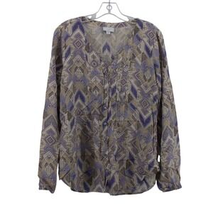 J. Jill Blouse Womens Medium Tall Ikat Geometric Purple Long Sleeve Boho Office